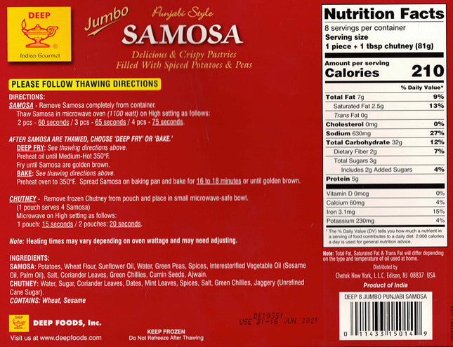 Deep Jumbo Punjabi Style Samosas 8 Pieces 648g