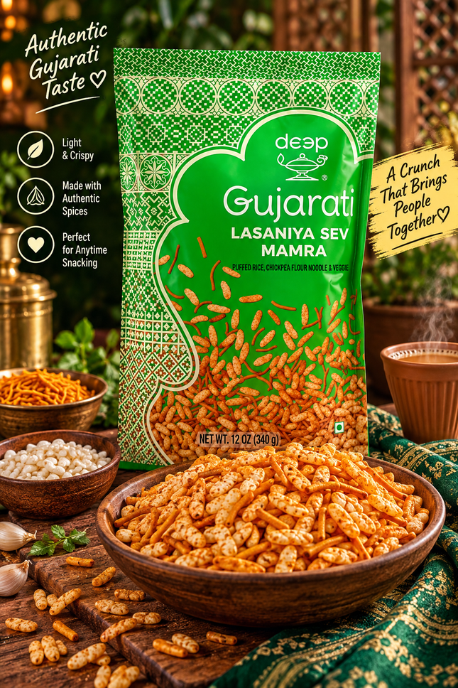 Deep Gujarati Lasaniya Sev Mamra 340 g – Würzige Knabbermischung