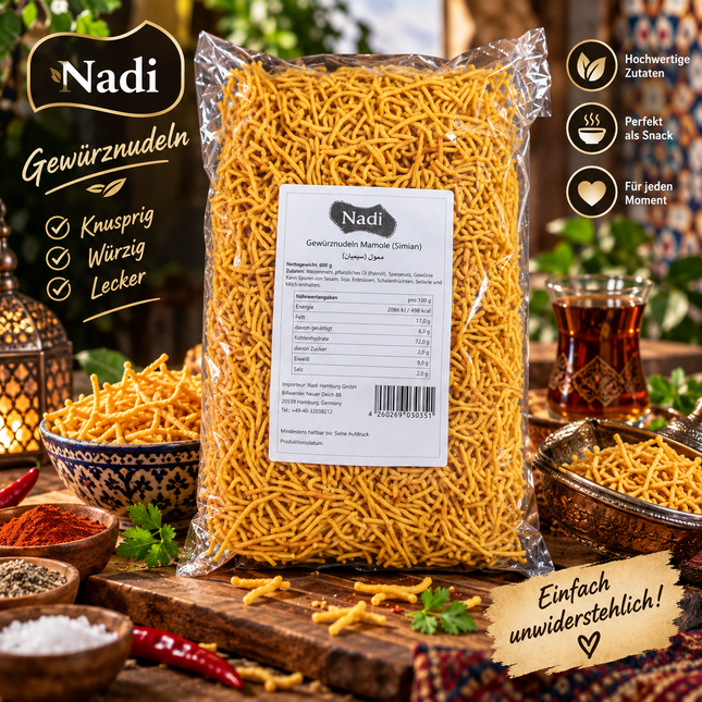 Titel: Nadi Gewürznudeln Mamole (Simian) 500 g – Afghanische Knabberei