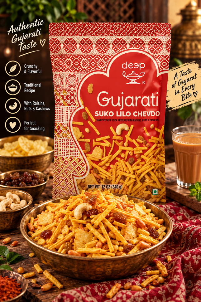 Deep Gujarati Suko Lilo Chevdo 340 g – Würzige indische Knabbermischung