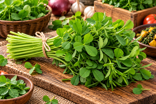 Frisches Methi (Fenugreek Leaves / Bockshornkleeblätter)